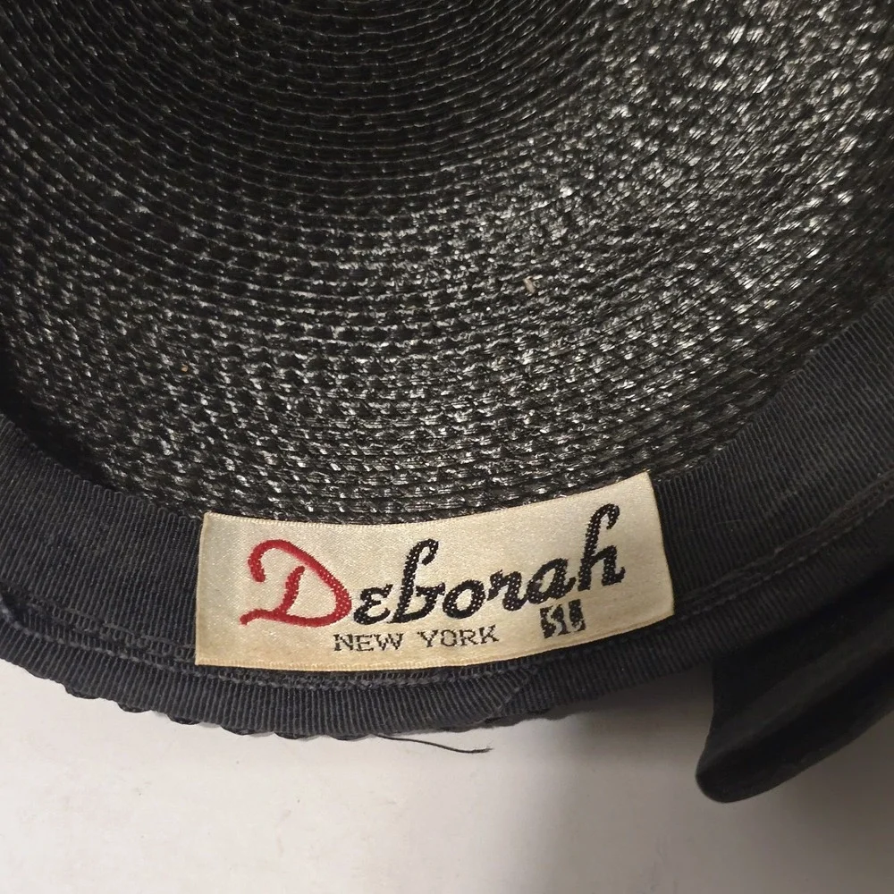 Vintage Deborah New York Black Woven Pillbox‎ Hat Beaded Trim Large Bow Accent